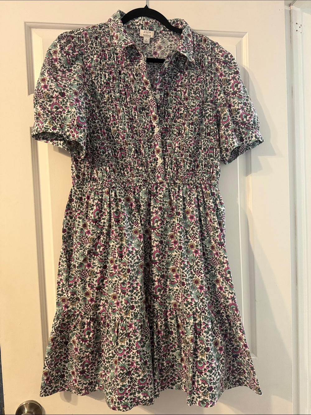Ladies Floral Smocked Short Sleeve Dress - White & Purple